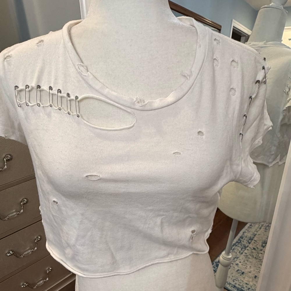 LF White Distressed Crop Top with Safety Pin Detail